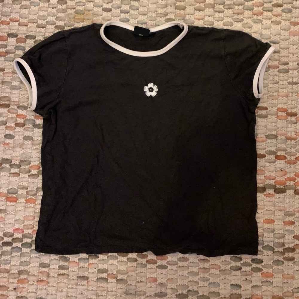 Australian brand Ghanda Co black & white tee with flower embroidered detail
